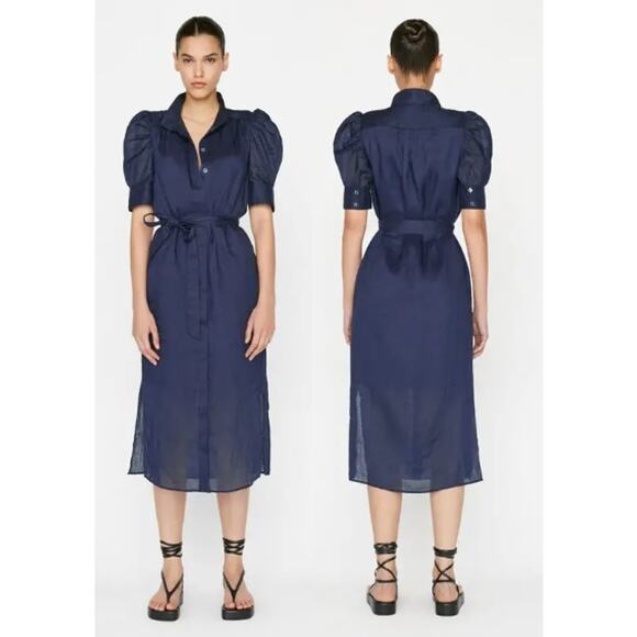 Frame Dresses & Skirts - Frame Gillian Puff Sleeve Tie Waist Shirt Midi Dress Navy Women's Size XL NWT
